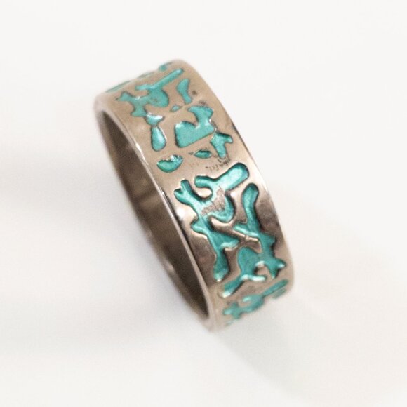 Vintage Sz 9 Silver Turquoise Enamel Ring 19mm Boho Festival Coastal Vacation - Picture 3 of 4